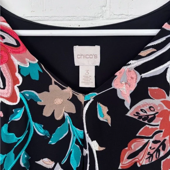 Chico's Size 3 Black Semi Sheer Bohemian Top Chiffon Multicolor Floral Chicos XL - Picture 3 of 6